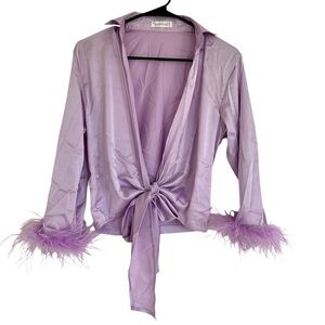 Rumours Purple Lilac Satin Faux Fur Trim Front Tie Crop Blouse Top Size S